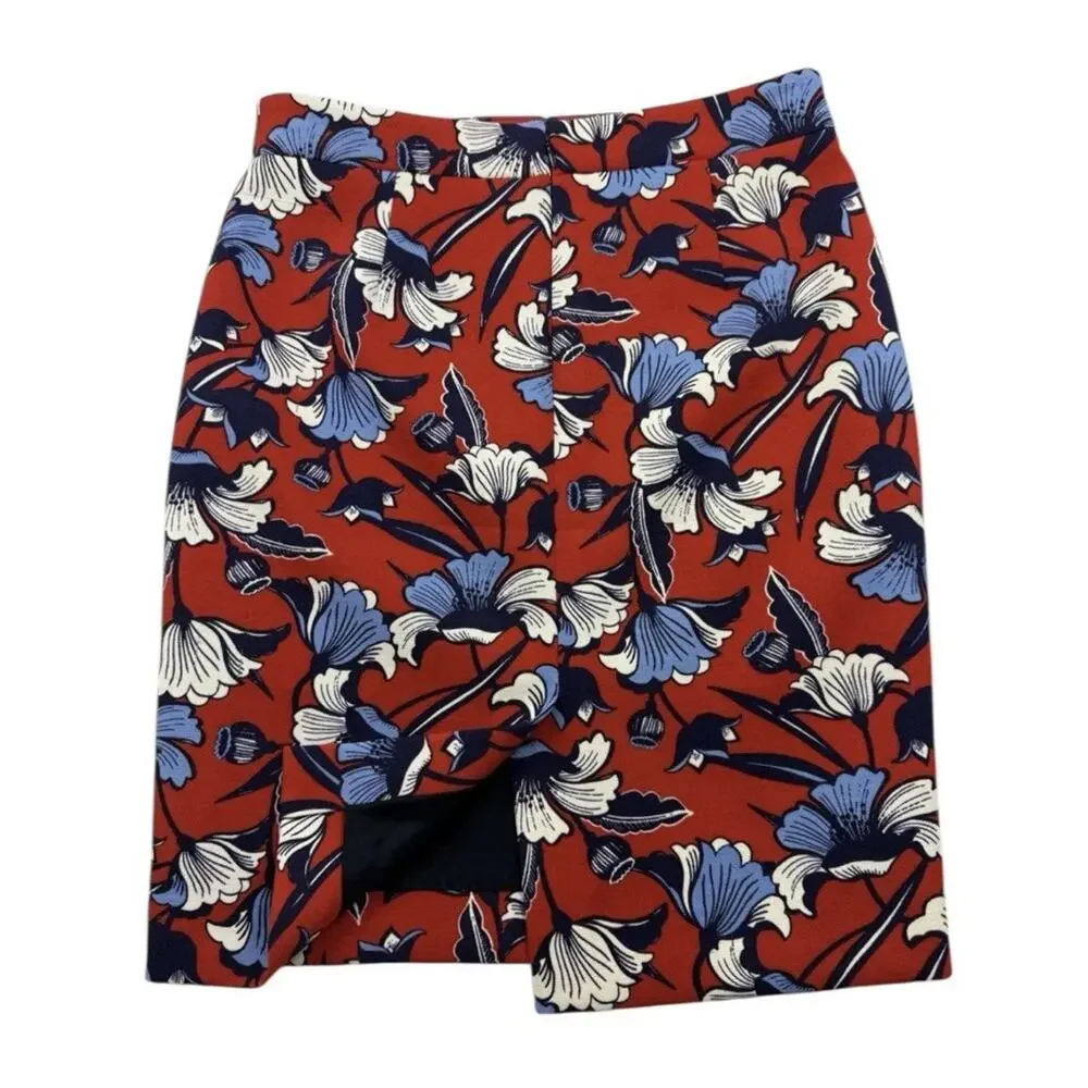 J.Crew Pencil Skirt Womens 2 Red White Blue Floral Ponte Knit Lined Knee Length